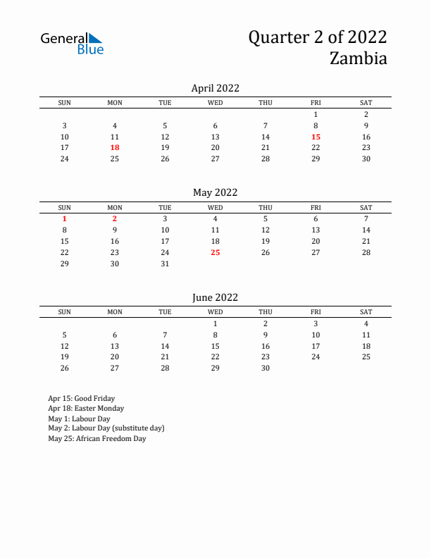 Quarter 2 2022 Zambia Quarterly Calendar