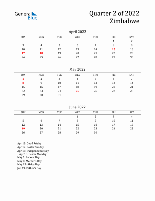 Quarter 2 2022 Zimbabwe Quarterly Calendar