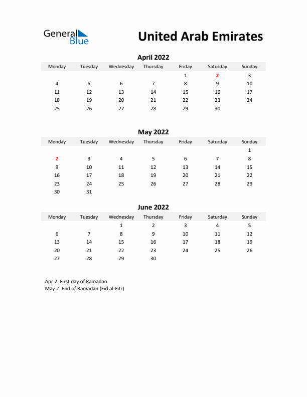 Printable Quarterly Calendar with Notes and United Arab Emirates Holidays- Q2 of 2022