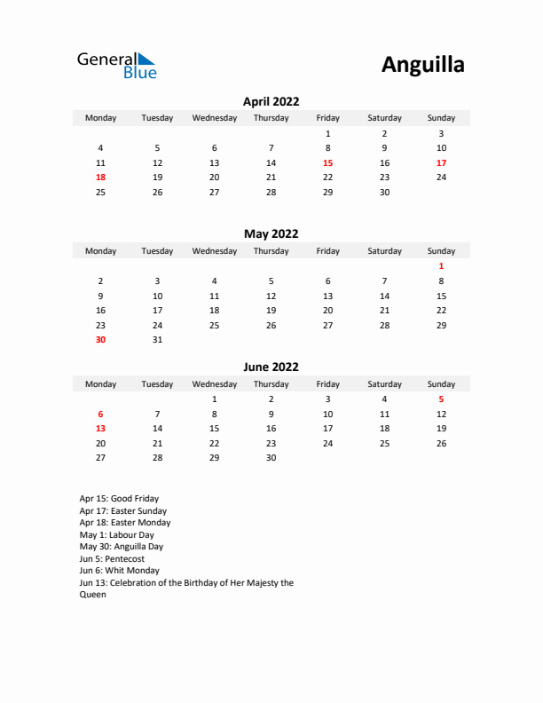 Printable Quarterly Calendar with Notes and Anguilla Holidays- Q2 of 2022