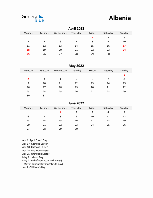 Printable Quarterly Calendar with Notes and Albania Holidays- Q2 of 2022