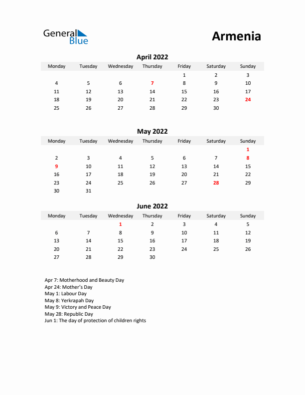 Printable Quarterly Calendar with Notes and Armenia Holidays- Q2 of 2022