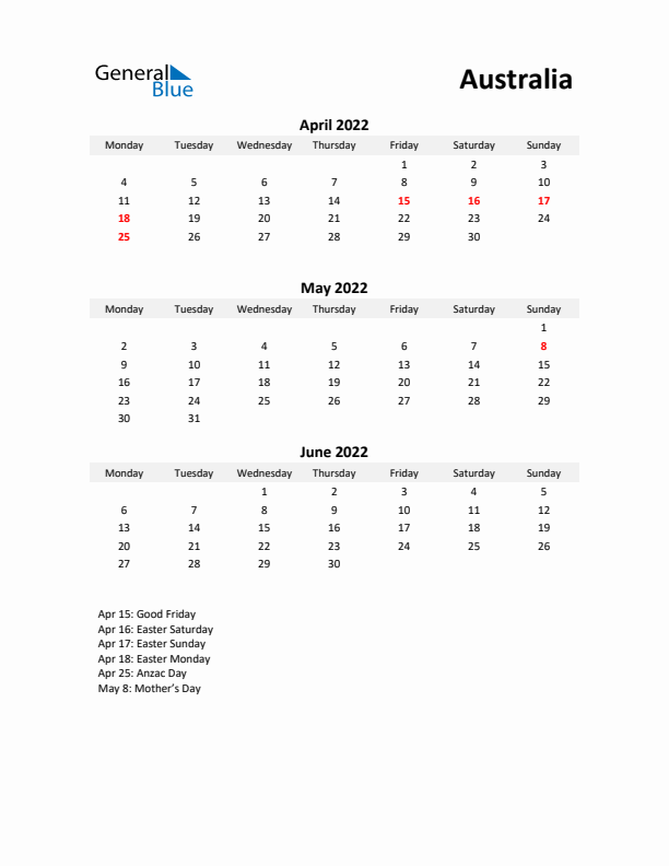 Printable Quarterly Calendar with Notes and Australia Holidays- Q2 of 2022