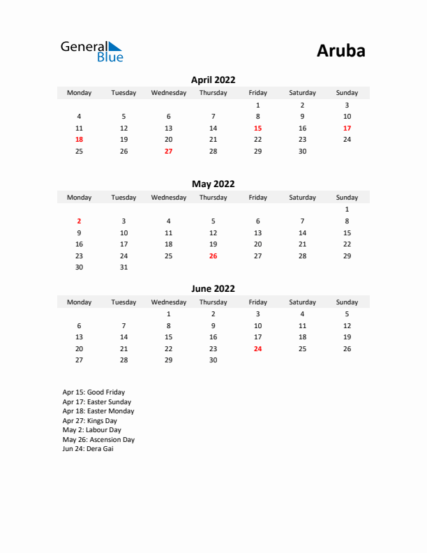 Printable Quarterly Calendar with Notes and Aruba Holidays- Q2 of 2022