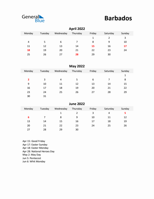 Printable Quarterly Calendar with Notes and Barbados Holidays- Q2 of 2022