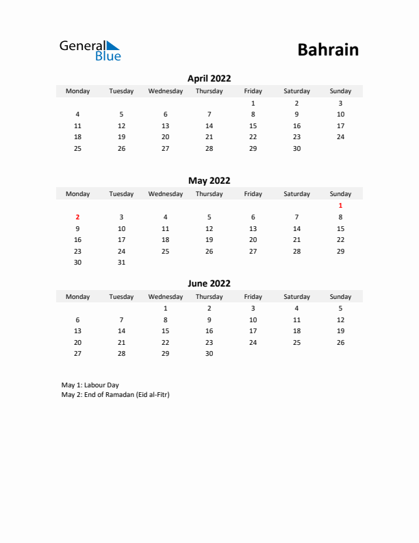 Printable Quarterly Calendar with Notes and Bahrain Holidays- Q2 of 2022