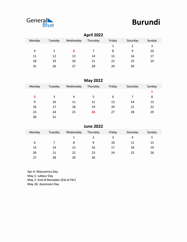 Printable Quarterly Calendar with Notes and Burundi Holidays- Q2 of 2022