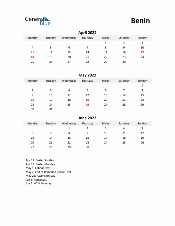 Printable Quarterly Calendar with Notes and Benin Holidays- Q2 of 2022