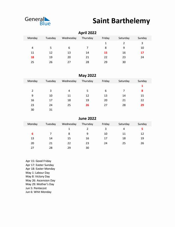 Printable Quarterly Calendar with Notes and Saint Barthelemy Holidays- Q2 of 2022