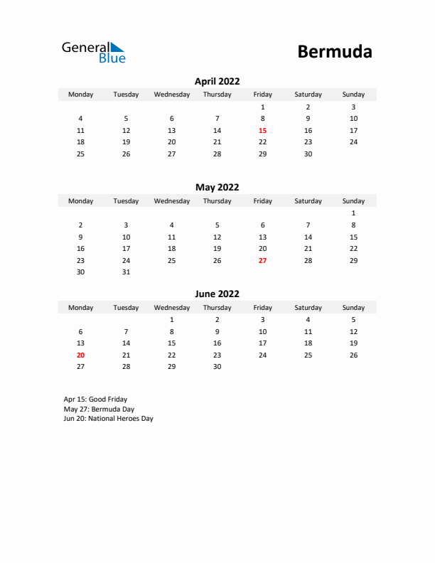 Printable Quarterly Calendar with Notes and Bermuda Holidays- Q2 of 2022