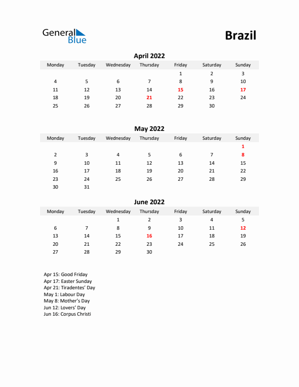 Printable Quarterly Calendar with Notes and Brazil Holidays- Q2 of 2022