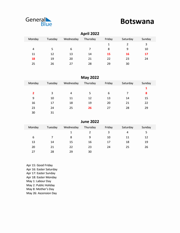 Printable Quarterly Calendar with Notes and Botswana Holidays- Q2 of 2022