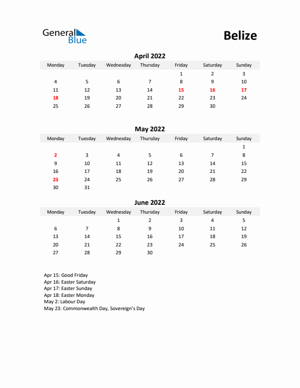 Printable Quarterly Calendar with Notes and Belize Holidays- Q2 of 2022