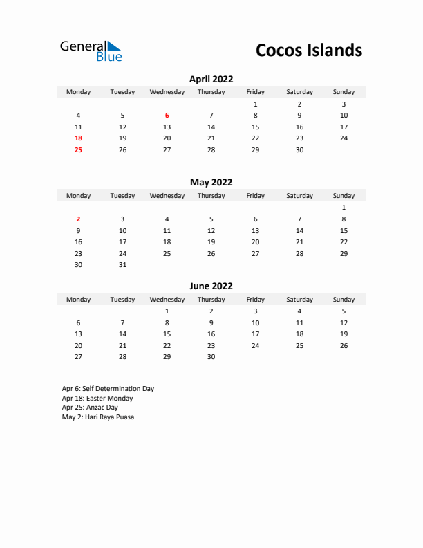 Printable Quarterly Calendar with Notes and Cocos Islands Holidays- Q2 of 2022