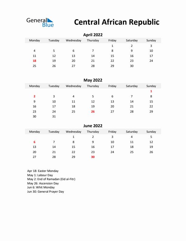 Printable Quarterly Calendar with Notes and Central African Republic Holidays- Q2 of 2022