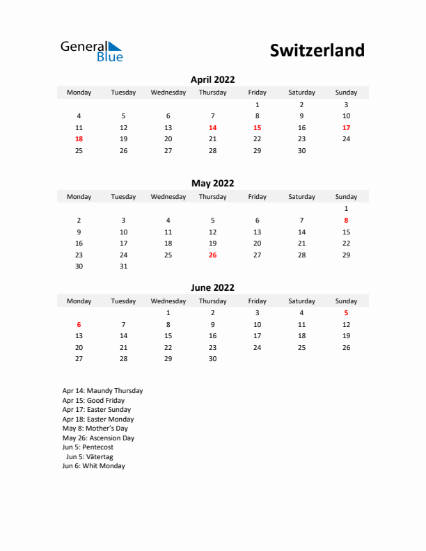 Printable Quarterly Calendar with Notes and Switzerland Holidays- Q2 of 2022