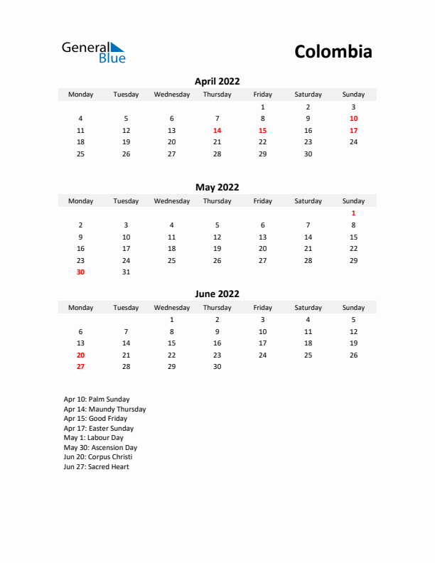 Printable Quarterly Calendar with Notes and Colombia Holidays- Q2 of 2022