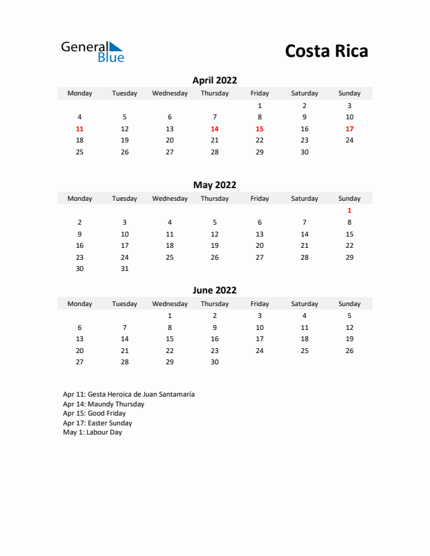 Printable Quarterly Calendar with Notes and Costa Rica Holidays- Q2 of 2022