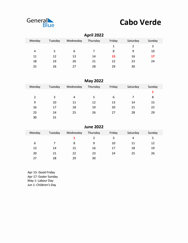 Printable Quarterly Calendar with Notes and Cabo Verde Holidays- Q2 of 2022