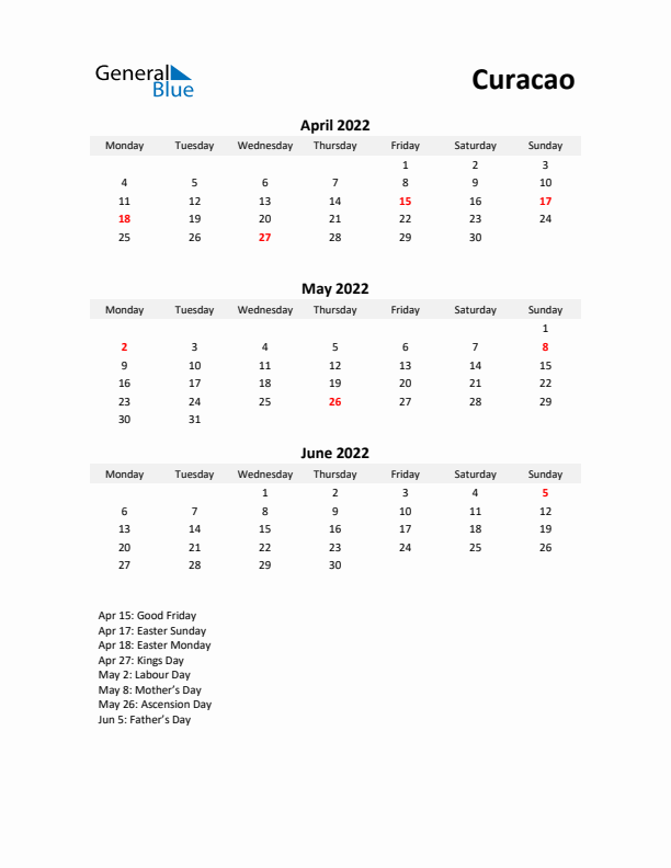 Printable Quarterly Calendar with Notes and Curacao Holidays- Q2 of 2022