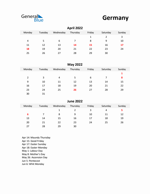 Printable Quarterly Calendar with Notes and Germany Holidays- Q2 of 2022