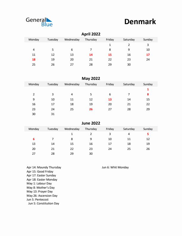 Printable Quarterly Calendar with Notes and Denmark Holidays- Q2 of 2022