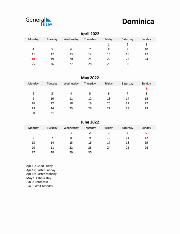 Printable Quarterly Calendar with Notes and Dominica Holidays- Q2 of 2022