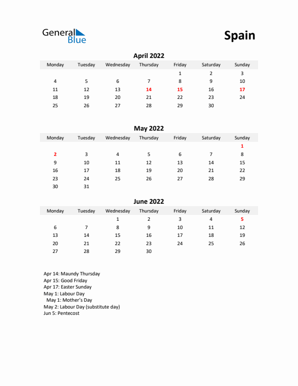 Printable Quarterly Calendar with Notes and Spain Holidays- Q2 of 2022