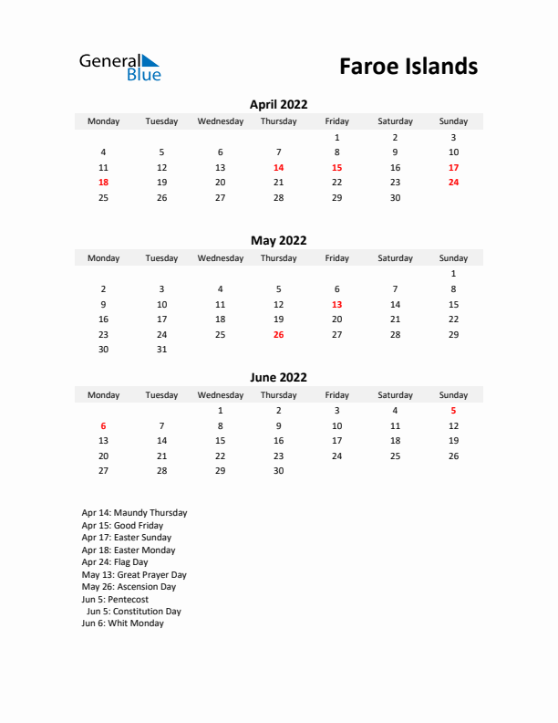 Printable Quarterly Calendar with Notes and Faroe Islands Holidays- Q2 of 2022