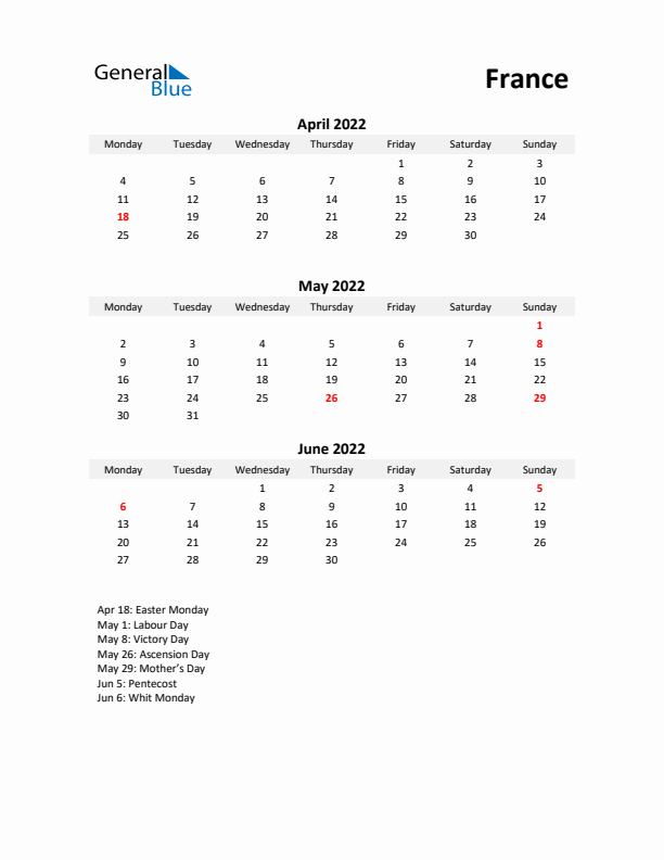 Printable Quarterly Calendar with Notes and France Holidays- Q2 of 2022