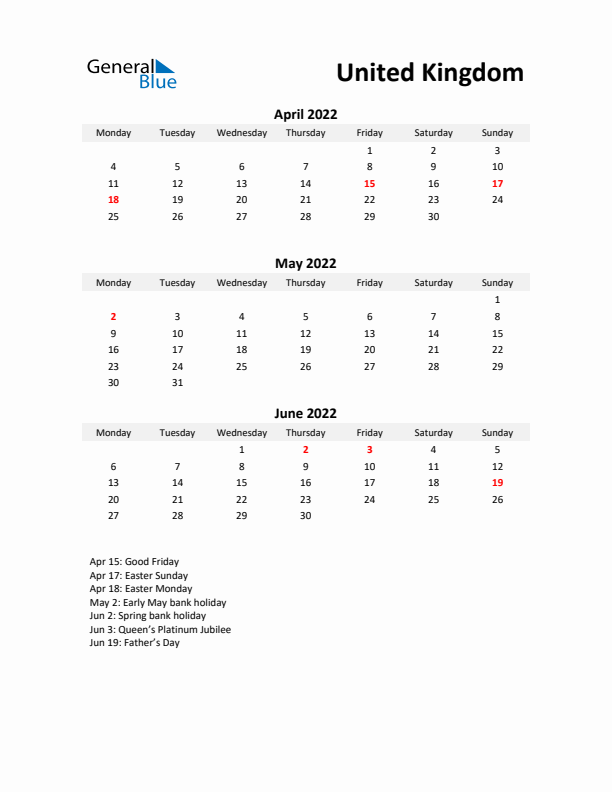 Printable Quarterly Calendar with Notes and United Kingdom Holidays- Q2 of 2022