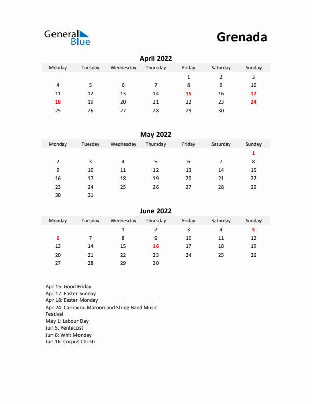 Printable Quarterly Calendar with Notes and Grenada Holidays- Q2 of 2022