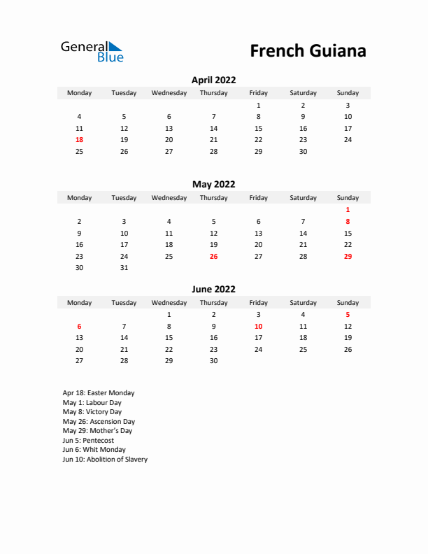 Printable Quarterly Calendar with Notes and French Guiana Holidays- Q2 of 2022