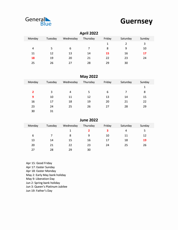 Printable Quarterly Calendar with Notes and Guernsey Holidays- Q2 of 2022