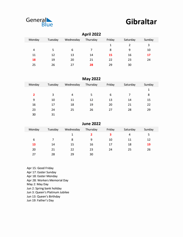 Printable Quarterly Calendar with Notes and Gibraltar Holidays- Q2 of 2022