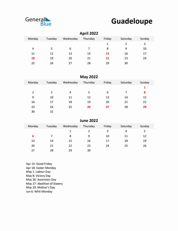 Printable Quarterly Calendar with Notes and Guadeloupe Holidays- Q2 of 2022