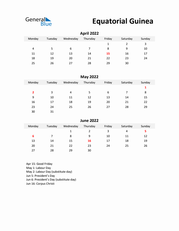 Printable Quarterly Calendar with Notes and Equatorial Guinea Holidays- Q2 of 2022