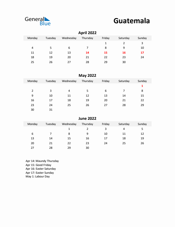 Printable Quarterly Calendar with Notes and Guatemala Holidays- Q2 of 2022