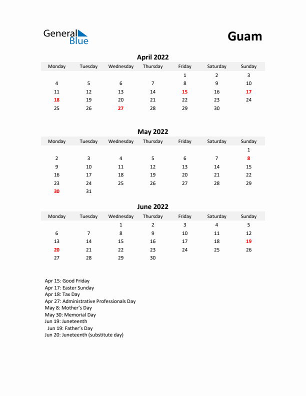 Printable Quarterly Calendar with Notes and Guam Holidays- Q2 of 2022