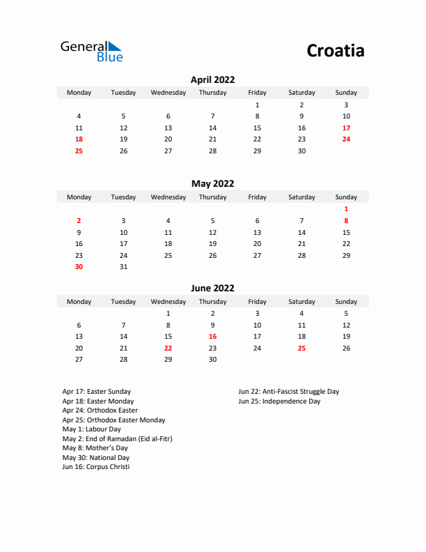 Printable Quarterly Calendar with Notes and Croatia Holidays- Q2 of 2022