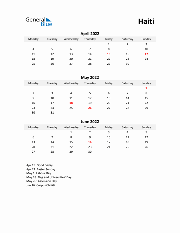 Printable Quarterly Calendar with Notes and Haiti Holidays- Q2 of 2022