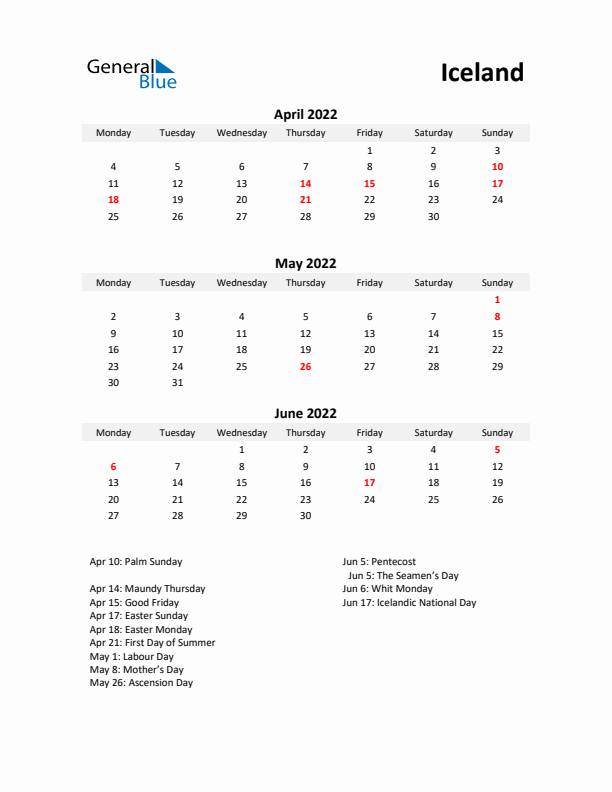 Printable Quarterly Calendar with Notes and Iceland Holidays- Q2 of 2022