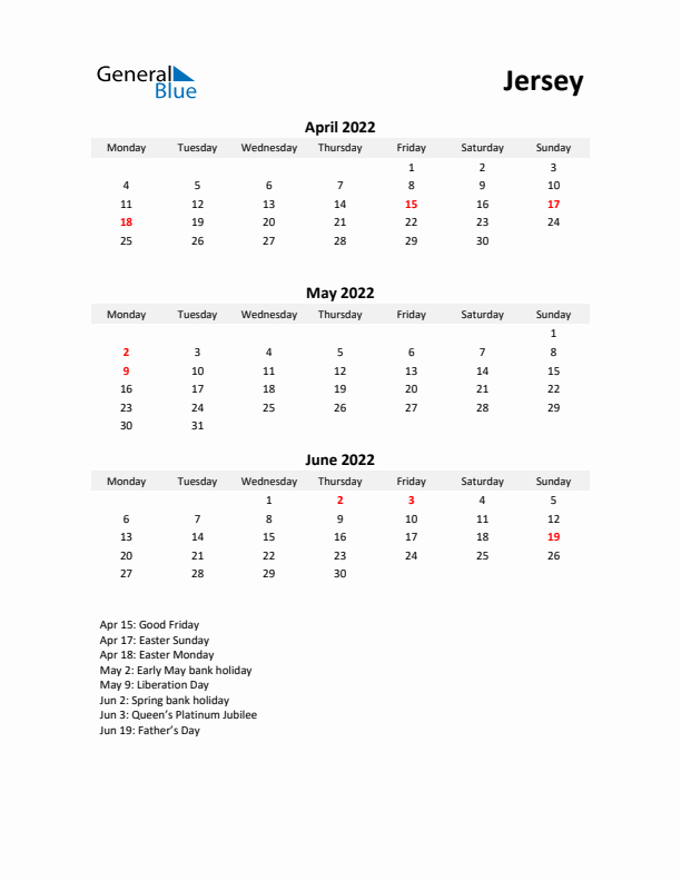 Printable Quarterly Calendar with Notes and Jersey Holidays- Q2 of 2022