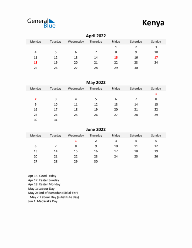 Printable Quarterly Calendar with Notes and Kenya Holidays- Q2 of 2022