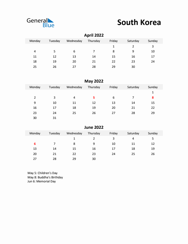 Printable Quarterly Calendar with Notes and South Korea Holidays- Q2 of 2022