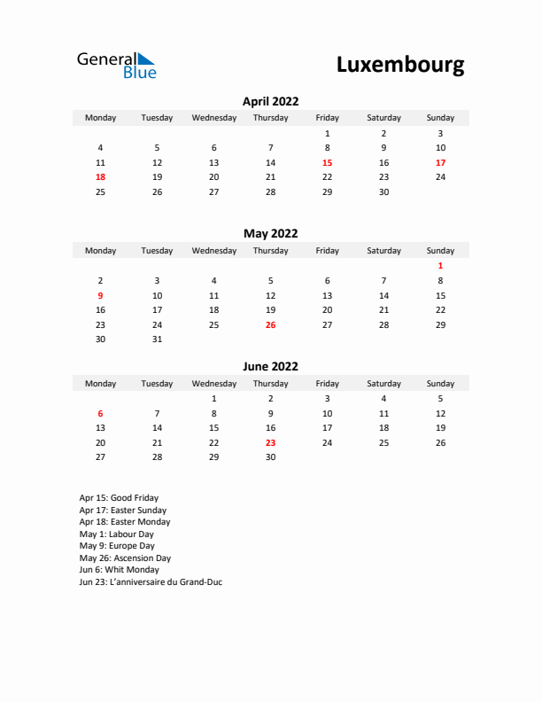 Printable Quarterly Calendar with Notes and Luxembourg Holidays- Q2 of 2022