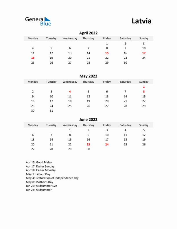 Printable Quarterly Calendar with Notes and Latvia Holidays- Q2 of 2022