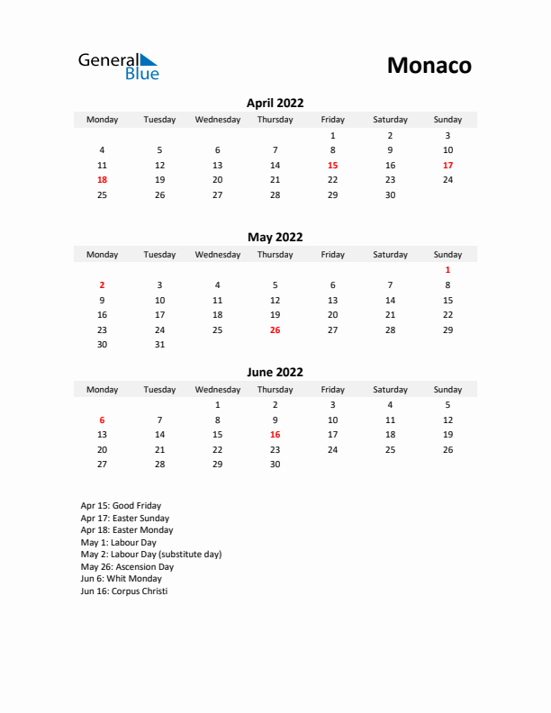 Printable Quarterly Calendar with Notes and Monaco Holidays- Q2 of 2022