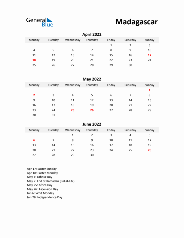 Printable Quarterly Calendar with Notes and Madagascar Holidays- Q2 of 2022