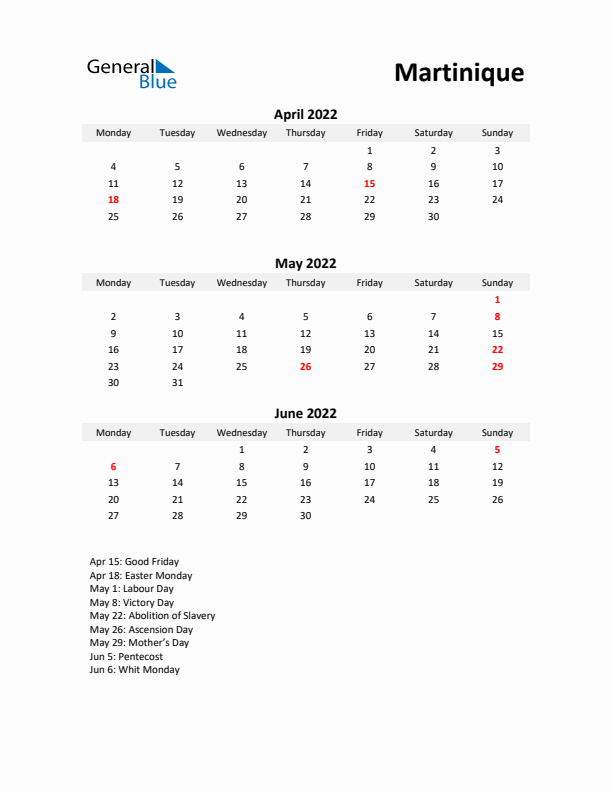 Printable Quarterly Calendar with Notes and Martinique Holidays- Q2 of 2022